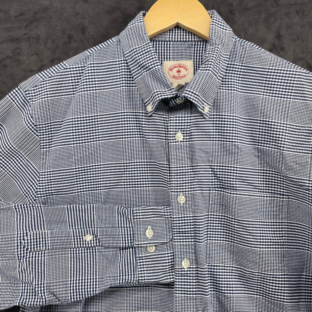 Brooks Brothers Red Fleece Mens Navy Blue White Micro Check Button Down Shirt L - Picture 2 of 8